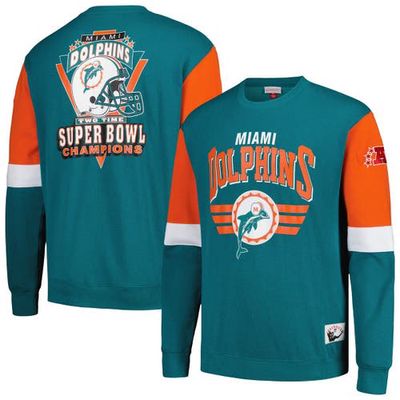 Men's Mitchell & Ness Aqua Miami Dolphins Gridiron Classics Allover 3.0 Pullover Sweatshirt