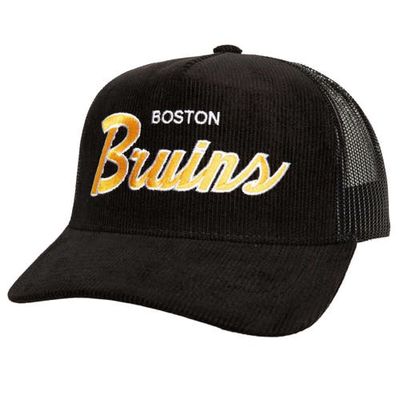 Men's Mitchell & Ness Black Boston Bruins Times Up Classic Script Cord Trucker Adjustable Hat