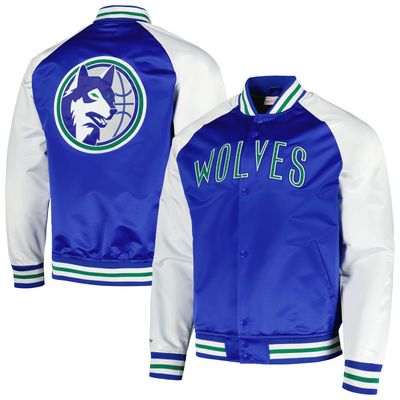 Men's Mitchell & Ness Blue Minnesota Timberwolves Double Clutch Satin Raglan Full-Snap Jacket