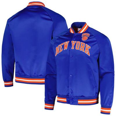 Men's Mitchell & Ness Blue New York Knicks Hardwood Classics Throwback Wordmark Raglan Full-Snap Jacket