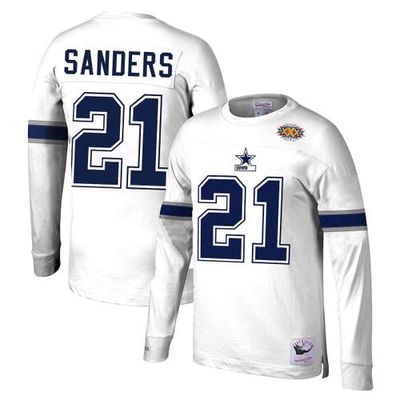 Men's Mitchell & Ness Deion Sanders White Dallas Cowboys Retired Player Name & Number Long Sleeve Top