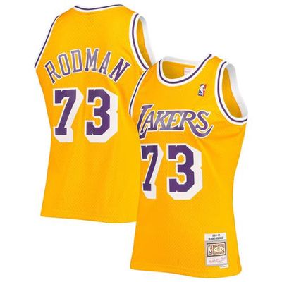 Men's Mitchell & Ness Dennis Rodman Gold Los Angeles Lakers Hardwood Classics Swingman Jersey