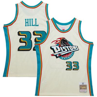 Men's Mitchell & Ness Grant Hill Cream Detroit Pistons Chainstitch Swingman Jersey