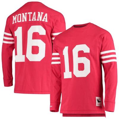 Men's Mitchell & Ness Joe Montana Scarlet San Francisco 49ers Throwback Retired Player Name & Number Long Sleeve Top