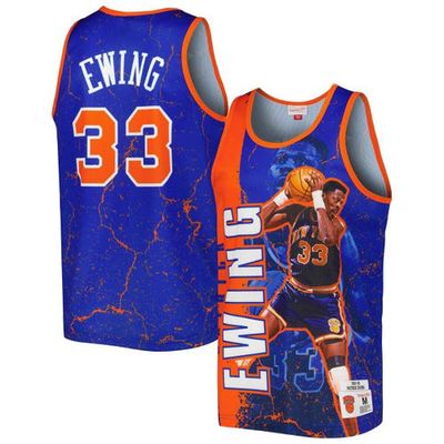 Men's Mitchell & Ness Patrick Ewing Blue New York Knicks 1991-92 Hardwood Classics Player Burst Tank Top