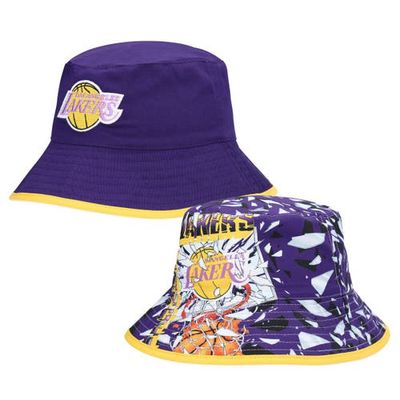 Men's Mitchell & Ness Purple Los Angeles Lakers Hardwood Classics Shattered Big Face Reversible Bucket Hat
