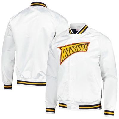 Men's Mitchell & Ness White Golden State Warriors Hardwood Classics Throwback Wordmark Raglan Full-Snap Jacket