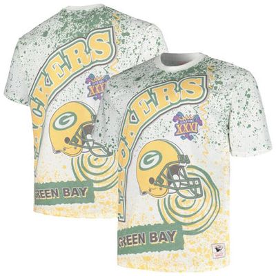 Men's Mitchell & Ness White Green Bay Packers Big & Tall Allover Print T-Shirt