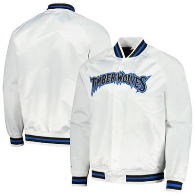 Men's Mitchell & Ness White Minnesota Timberwolves Hardwood Classics Throwback Wordmark Raglan Full-Snap Jacket