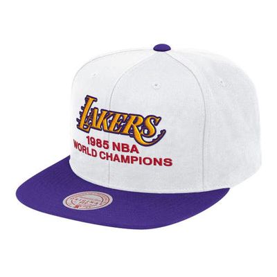 Men's Mitchell & Ness White/Purple Los Angeles Lakers 1985 NBA World Champions Hardwood Classics Snapback Adjustable Hat