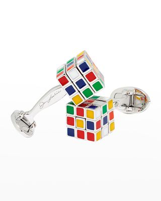Men's Moving Puzzle Cube Enamel & Sterling Silver Cufflinks