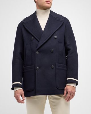 Men's Multi-Pocket Peacoat with Striped Cuffs