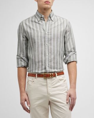 Men's Multi-Stripe Linen-Cotton Sport Shirt