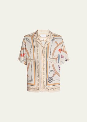 Men's Nautical-Print Silk Camp Shirt