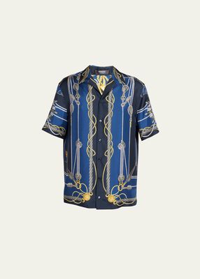 Men's Nautical-Print Silk Short-Sleeve Shirt
