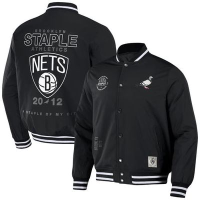 Men's NBA x Staple Black Brooklyn Nets My City Full-Snap Varsity Jacket
