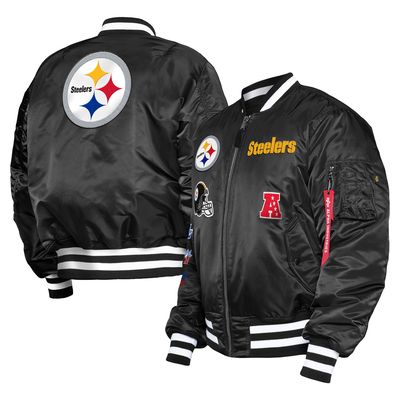 Men's New Era x Alpha Industries Black Pittsburgh Steelers Reversible Full-Zip Bomber Jacket