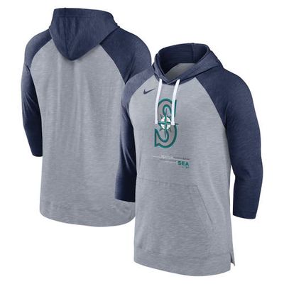 Men's Nike Heather Gray/Heather Navy Seattle Mariners Baseball Raglan 3/4-Sleeve Pullover Hoodie