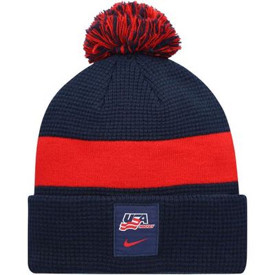 Men's Nike Navy USA Hockey Sideline Cuffed Knit Hat with Pom