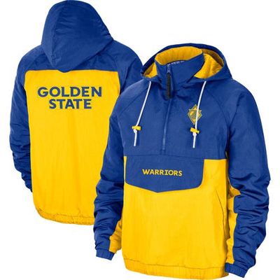 Men's Nike Royal/Gold Golden State Warriors 2021/22 City Edition Colorblock Crinkle Half-Zip Windbreaker Hoodie
