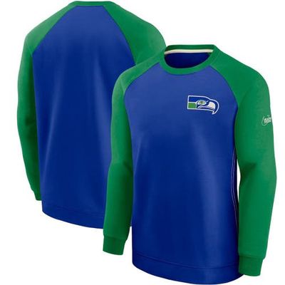 Men's Nike Royal/Green Seattle Seahawks Historic Raglan Crew Performance Sweater