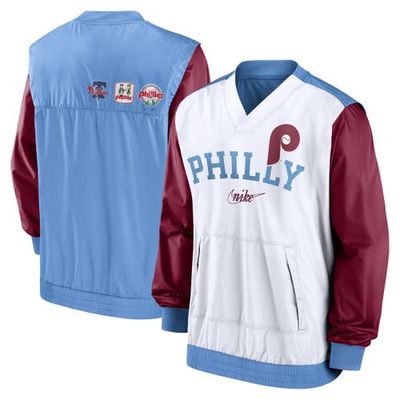 Men's Nike White/Light Blue Philadelphia Phillies Rewind Warmup V-Neck Pullover Jacket