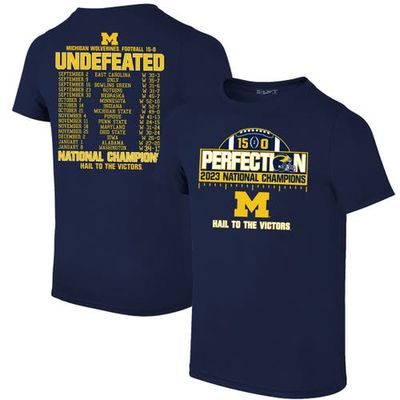 Men's Original Retro Brand Navy Michigan Wolverines College Football Playoff 2023 National Champions Perfect Season Schedule T-Shirt