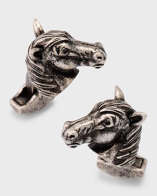 Men's Oxidized Silver Horse Mechanical Cufflinks with Swarovski Crystals