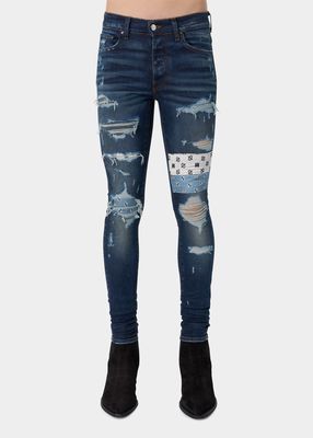 Men's Paisley-Patch Destroyed Skinny Jeans