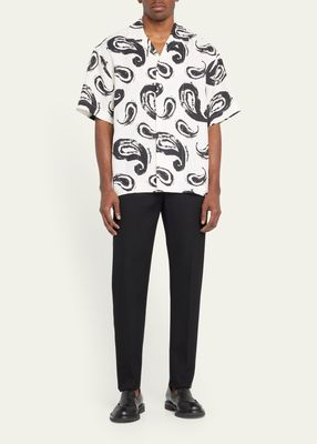 Men's Paisley-Print Linen Bowling Shirt