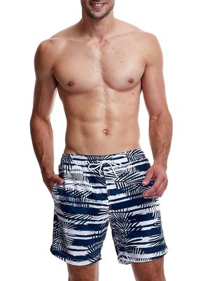 Men's Palm Stripes Swim Shorts - Navy White - Size Small - Navy White - Size Small