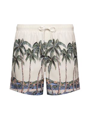 Men's Palm Tree Drawstring Swim Shorts - Green - Size Large