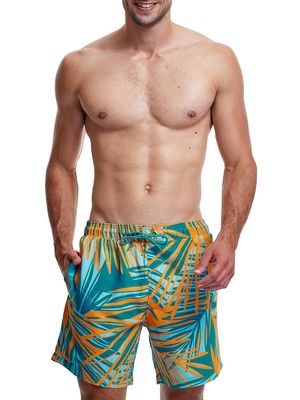 Men's Palms Print Swim Shorts - Turq Orange - Size Small - Turq Orange - Size Small