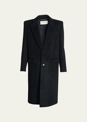 Men's Pinstriped Peak-Lapel Melton Topcoat