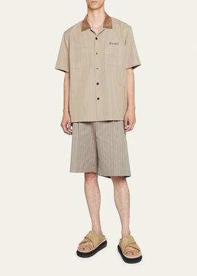 Men's Pinstriped Velvet-Collar Short-Sleeve Shirt