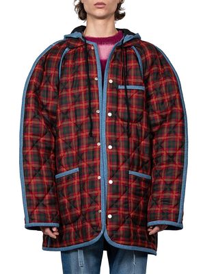 Men's Plaid Hooded Oversized Shirt - Dark Red Blue - Size Small
