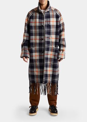 Men's Plaid Wool Flannel Fringe Overcoat
