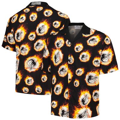 Men's PLEASURES Black Baltimore Orioles Flame Fireball Button-Up Shirt