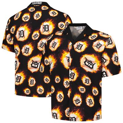 Men's PLEASURES Black Detroit Tigers Flame Fireball Button-Up Shirt
