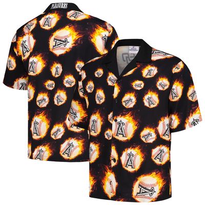 Men's PLEASURES Black Los Angeles Angels Flame Fireball Button-Up Shirt