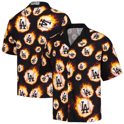 Men's PLEASURES Black Los Angeles Dodgers Flame Fireball Button-Up Shirt