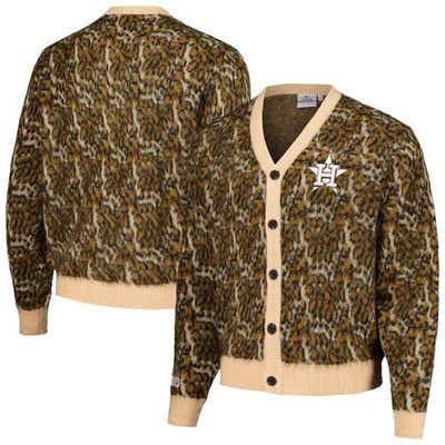 Men's PLEASURES Brown Houston Astros Cheetah Cardigan Button-Up Sweater
