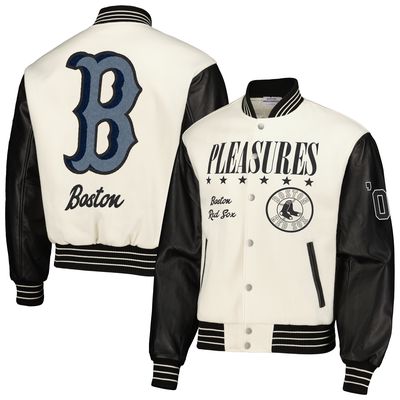 Men's PLEASURES White Boston Red Sox Full-Snap Varsity Jacket