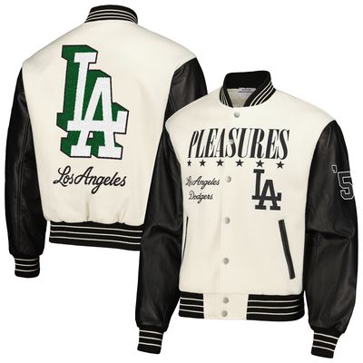 Men's PLEASURES White Los Angeles Dodgers Full-Snap Varsity Jacket