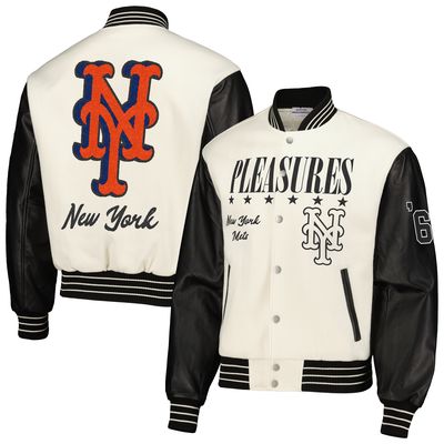 Men's PLEASURES White New York Mets Full-Snap Varsity Jacket