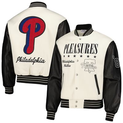 Men's PLEASURES White Philadelphia Phillies Full-Snap Varsity Jacket