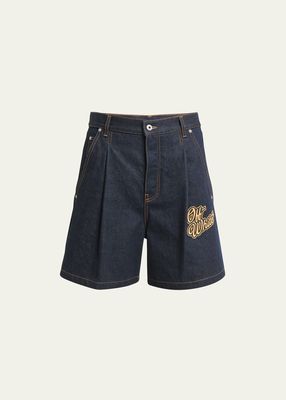 Men's Pleated 90s Logo Raw Denim Shorts