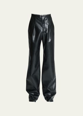 Men's Pleated Leather Straight-Leg Trousers