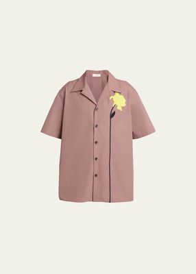 Men's Poplin Flower Embroidery Camp Shirt