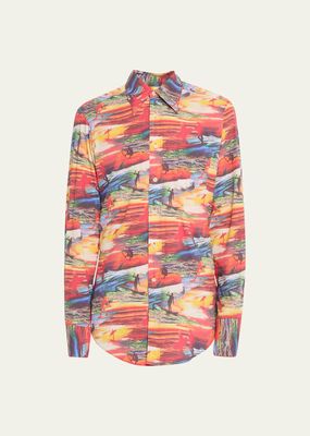 Men's Poplin Sunset-Print Button-Down Shirt